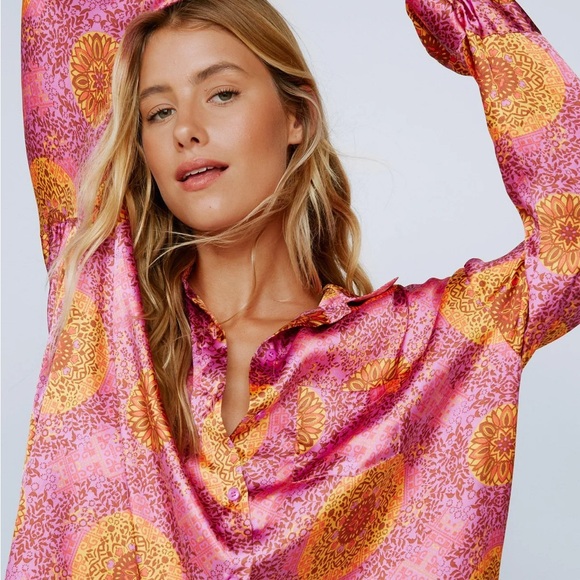 Nasty Gal Vibrant Satin Pajama Set in Pink and Orange - Picture 2 of 4